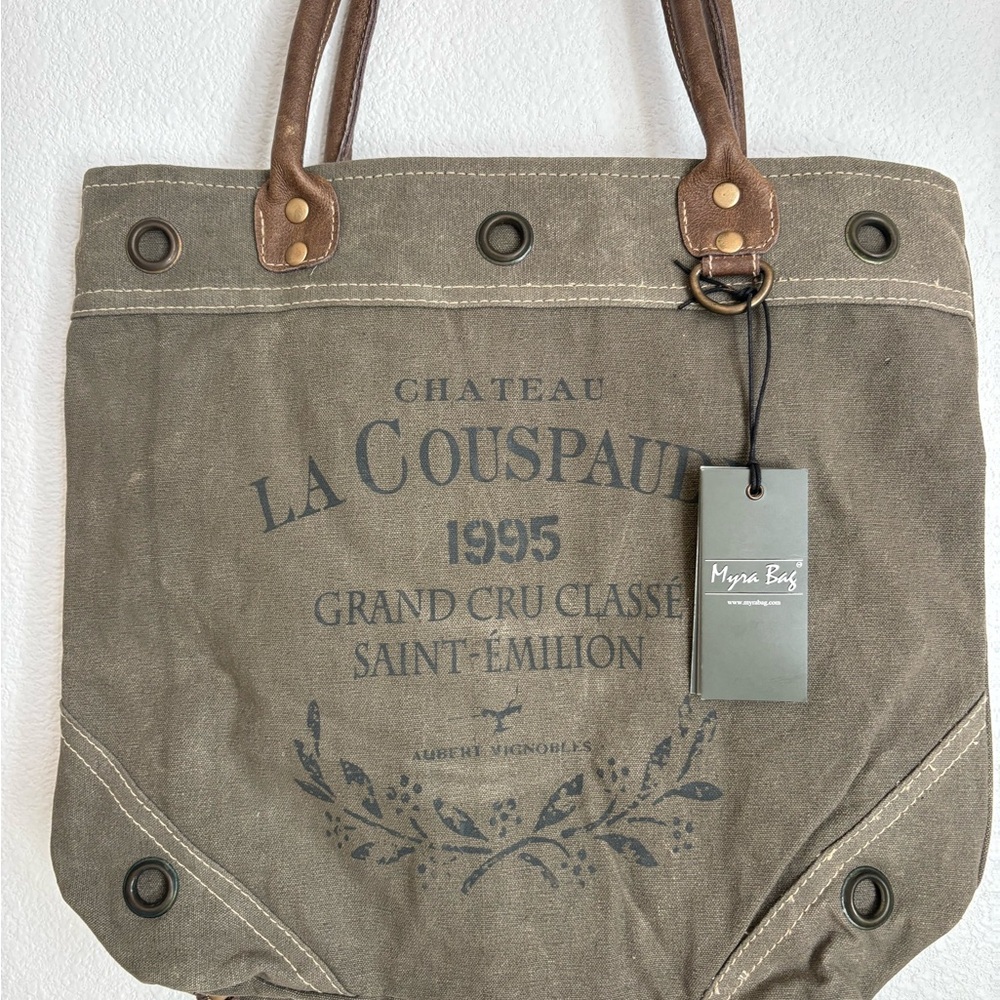 Myra Bag Olive Canvas Tote with Brown Accents